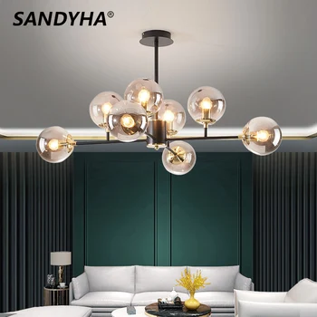 Modern lüks avize ev dekor moleküler Hanglamp siyah altın cam küre LED kolye ışık oturma yemek odası yatak odası için