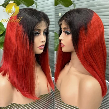 T1B-Red Düz Bob peruk insan saçı Peruk 4x4 Şeffaf Dantel Kapatma Kısa Düz Peruk Kadınlar için Brezilyalı Remy Saç Peruk
