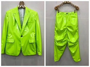 Erkek Deri Takım Elbise Ceket + Pilili Ayna Turp Pantolon Elastik Yansıtıcı PU Bar Gece Kulübü Şarkıcı Dansçı Performans Kostüm S-6XL