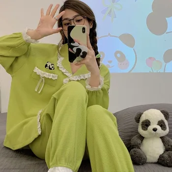 2024 Yeni Bahar Sonbahar Kadın Pijama Waffle Uzun Kollu Pijama Pamuk Sevimli Yaka Ev Elbise Seti Karikatür Dantel Kenar Gecelik