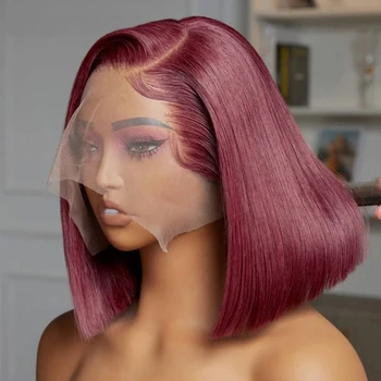 Kemik Düz Kısa Bob peruk insan saçı Peruk Kadınlar İçin Bordo T Kısmı Dantel Peruk 1B 99J Bob Peruk Brezilyalı İnsan Saç Ön Koparıp