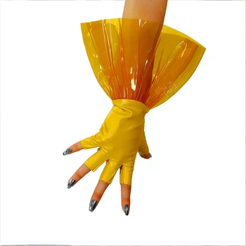 DooWay kadın sarı ŞEFFAF Plastik Parmaksız ELDİVEN Kısa PVC Fırfır Suni Deri Moda Akşam Cosplay Yarım Parmak Eldiven