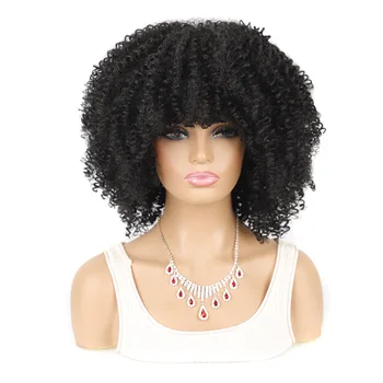 50cm Siyah Renk Kısa Saç Afro Kinky Kıvırcık kahküllü peruk Siyah Kadınlar İçin Cosplay Lolita Sentetik Doğal Peruk