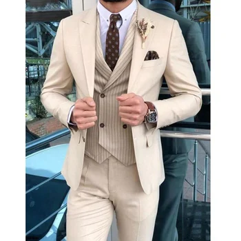 Bej Takım Elbise Erkekler için Zarif Rahat Akıllı Düz Renk Tek Göğüslü Doruğa Yaka 3 Parça Ceket Pantolon Yelek Slim Fit Blazer