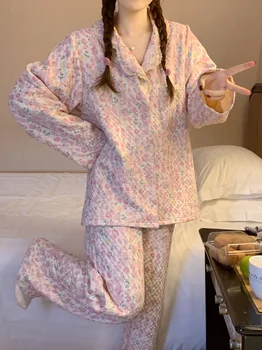 Tatlı Fransız Sonbahar Pijama Seti Kadın Kalınlaşmak Pamuk Çiçek Pembe Pijama Gevşek Rahat Ev Takım Elbise Cep Dantel Patchwork Gömlek
