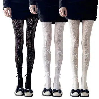 X7YA Kadın Yay Çiçek Desenli Şeffaf Fishnet Dantel Külotlu Çorap Tayt Çorap