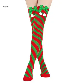 X7YA Yetişkin Çizgili Uyluk Yüksek Diz Üzerinde Çorap Noel Çorap Yay Diz Üzerinde Çorap Uzun Çorap Bayan