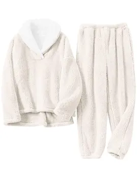Bayan Kabarık Pijama Seti Yumuşak Polar Kazak Pantolon Gevşek Pijama Loungewear Seti