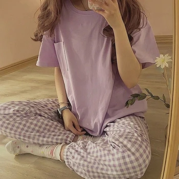 Pijama Setleri Kadın Tatlı Öğrenciler Tasarım Moda Ekose Salonu Aşınma Ev Basit Eğlence Yaz Kore Tarzı Günlük Zarif İhale
