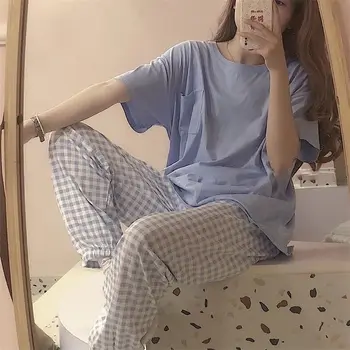 Pijama Setleri Kadın Tatlı Öğrenciler Tasarım Moda Ekose Salonu Aşınma Ev Basit Eğlence Yaz Kore Tarzı Günlük Zarif İhale