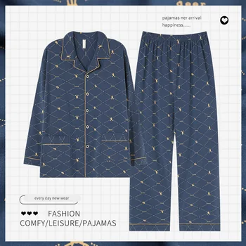 Yeni Sonbahar Katı erkek Pijama Örme Pamuk Mavi Uzun Kollu Pantolon Kıyafeti turn-aşağı Yaka Hırka Pijama salonu seti