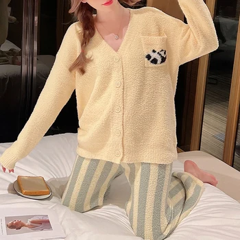 Pijama Kadın Sonbahar Kış Sevimli Tatlı Hırka Çizgili Uyku Dipleri Peluş Kalınlaşmış Kıyafeti Sıcak Samimi İç Çamaşırı Ev Giyim