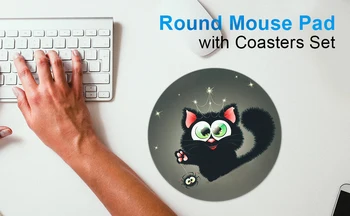 Yuvarlak Mouse Pad ile Masa için Karikatür Kedi Desen, dikişli Kenar Kaymaz Kauçuk Taban Fare Mat Coaster ile Ofis Ev için