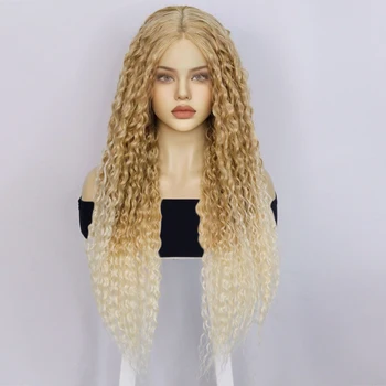 13*4.5*1 T-Parçası Ekstra Uzun Kıvırcık Dalgalı Premium Sentetik Saç Ombre Sarışın Dantel ön peruk, orta Kısmı Tarzı Doğal Ön