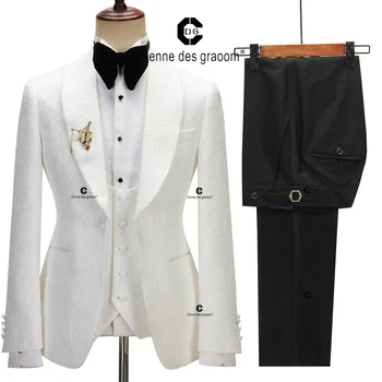 Cenne Des Graoom 2023 erkek Takım Elbise Düğün için Fildişi Paisley Ceket Smokin Siyah Pantolon Saten Yan Şerit Slim Fit Şal Yaka