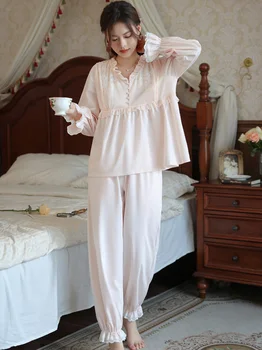 Kadın Feminino Loungewear Bahar Sonbahar Uzun Kollu Ruffles Vintage Prenses Iki parçalı Set Pamuk Pijama Fransız Ev Pijamas