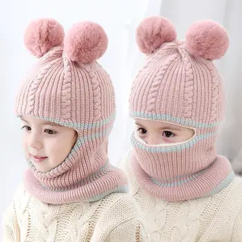 Kasketleri Bebek Halka Şapka Ponpon Kış Çocuk şapkaları Örme Sevimli Kap Bebek Kız Erkek Sıcak Polar Astar Kış Kulaklığı Kapaklar çocuklar için