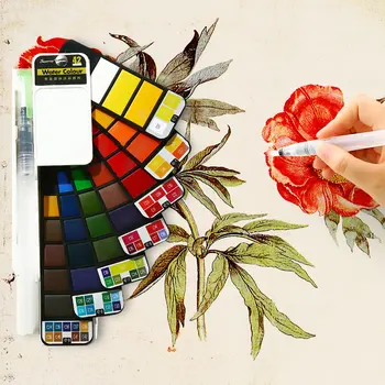 42 Renk Suluboya Seti Yelpaze şeklinde Katlanabilir Katı Boya Kutusu Fırçaları Yeni Başlayanlar Alan Eskiz Seyahat Boyama Sanat Malzemesi