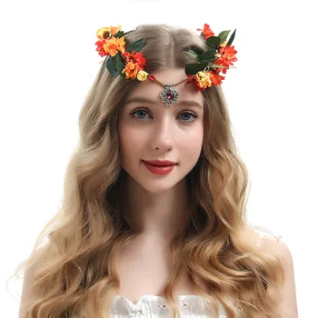 Zarif Orman Çiçek Elf Taç Düğün Tiaras Turuncu Şapkalar Kristal Retro Takı Gelin Balo Kostüm Aksesuarları