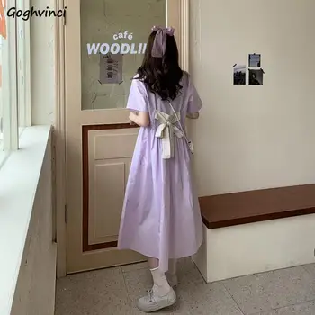 Kısa Kollu Elbise Kadın Elastik bel Yay Kare yaka Orta buzağı A-line Pilili Bayan Zarif Rahat Kore Tarzı Mor Şık