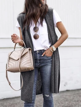 Kadın Kolsuz Açık Ön hırka Düz renk Gevşek hafif Uzun Yelek Dış Giyim Jile Rahat Streetwear