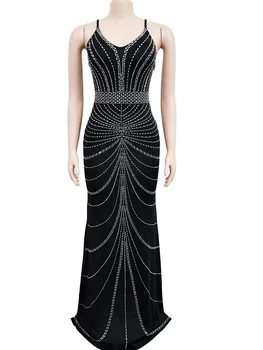 Bonnie Orman Muhteşem Geometrik Rhinestone Uzun Maxi Elbise Abiye Kadınlar Glitter Sapanlar Kristal Parti Elbise Ünlüler Kıyafetler