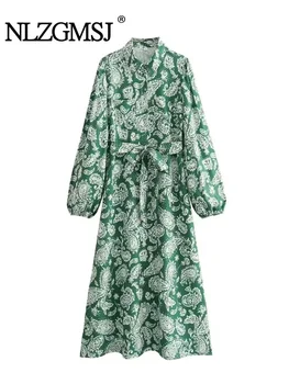 Nlzgmsj TRAF Bahar Sonbahar Kadınlar Yeşil Çiçek Baskı Midi Elbise Kemer Ile Vintage Uzun Kollu Elbiseler Zarif Kadın Dış Giyim