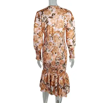 Patchwork Sonbahar Elbise Zarif Çiçek Baskı Fener Kollu Derin V Yaka kadın Gece Elbisesi Elastik Bel Fırfır Detay