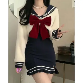 Sonbahar ve Kış Kadın 2023 Yeni Kore Moda Donanma Yaka Kazak + boyundan bağlamalı elbise İki parçalı Japon Tarzı Kadın