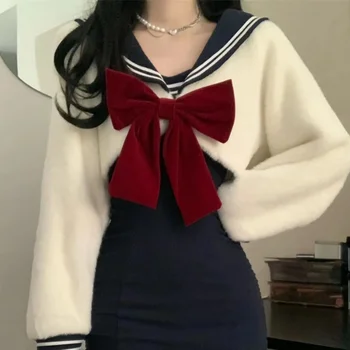 Sonbahar ve Kış Kadın 2023 Yeni Kore Moda Donanma Yaka Kazak + boyundan bağlamalı elbise İki parçalı Japon Tarzı Kadın