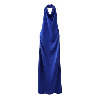 Kadın Seksi Kraliyet Mavi Halter uzun elbise 2023 Kış Kadın Şık İnce Katı Backless Elbiseler Bayanlar Moda Elbise Oymak