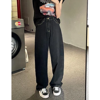 Vintage Yüksek Bel Kadın Siyah Kot Kore Moda Streetwear Geniş Bacak Jean Kadın Kot Pantolon Düz Baggy Anne kot pantolon