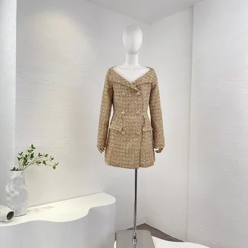 Zarif 2023 Kadın Altın Metalik Buklet Kruvaze Korse Bel cinching Kemer Kapalı Omuz Mini Elbise