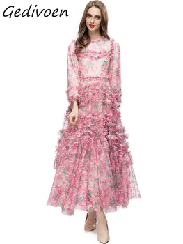 Gedivoen Yaz Moda Tasarımcısı Vintage Çiçekli Baskı Elbise Kadın O-Boyun Üç çeyrek Kollu Yüksek Bel Örgü Ruffles uzun elbise