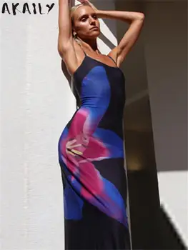 Akaily Yaz Siyah Çiçek Baskı Bodycon uzun elbise kadın kıyafetleri 2023 Seksi Spagetti Kayışı Maxi Elbise Yarık Backless Kaşkorse