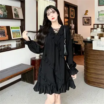 Sonbahar Yeni Yüksek Dereceli Siyah Tiki Tarzı Tüm Maç Elbise Kadın V Yaka Fırfır Siyah Elbise