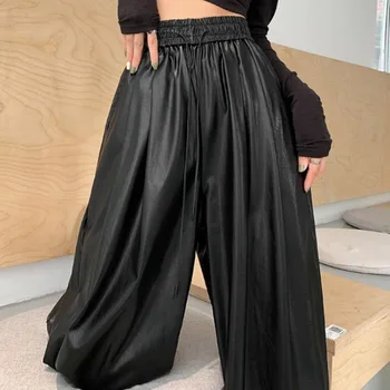 PU deri pantolon Kadın Gevşek Siyah Kahverengi Eğlence Şık Streetwear Tüm Maç Yüksek Bel Kat Uzunluk Ulzzang Popüler İpli