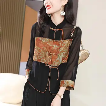 Düğmeler Baskı Patchwork Bluzlar İnce Moda Gevşek Çin Tarzı Siyah Standı Yaka Uzun Kollu Hollow Out kadın Giyim