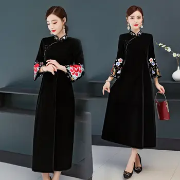 Retro Çin Tarzı Giysiler 2020 Sonbahar Kış Bayanlar Altın Kadife Cheongsam Elbise High-end Zarif Parti Vestido K1274
