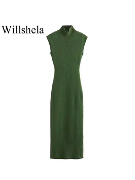 Willshela Kadın Moda Yeşil Örme Slim Fit Midi Elbise Vintage Yüksek Boyun Kolsuz Kadın Şık kadın elbiseleri