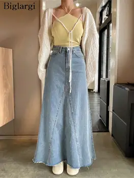 Sonbahar Denim Uzun Etek Kadın A-Line Fırfır Pilili Moda Patchwork Gevşek Bayanlar Etekler Yüksek Bel Kadın Etek 2023