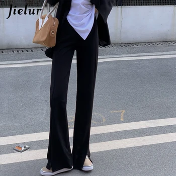 Kore Tarzı Yüksek Belli İnce Bölünmüş Pantolon Kadın Düz Gevşek Geniş Bacak Pantolon Kadınlar için Siyah kadın Takım Elbise Pantolon M-L