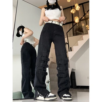 Kadınlar Vintage Siyah Kot Şık Yüksek Belli Y2K Dipleri Amerikan Geniş Bacak Pantolon Moda Düz 2023 Yaz Kadın Pantolon