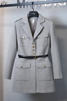 High-end Yün Ceket Kış Giysileri Moda Gri Yaka Tek Göğüslü Mizaç Yün Ceket Ofis Bayan Slim Fit Ceket Kadın