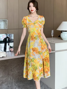 2023 Boho Çiçek Şık Puf Kollu Kare Yaka kadın Elbise Yaz Zarif Bodycon uzun elbise Kore Moda Lüks Balo Elbise