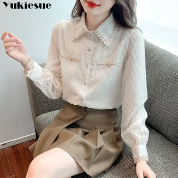 Yeni Kore Hollow Out Yaka Yaka Üstleri Moda Ofis Bayanlar Uzun Kollu Şifon Katı Gömlek Bahar Zarif Dantel Bluzlar Kadınlar