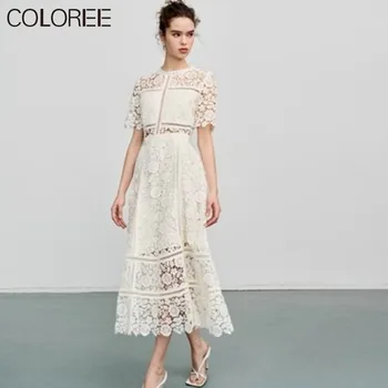 Beyaz oyma dantel uzun elbise Kadınlar için 2023 Sonbahar Zarif Çiçek Kısa Kollu Pileli Maxi Elbise Kore Moda Giyim