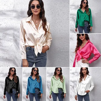 Saten Bluz Gömlek İpek Üstleri Zarif Uzun Kollu Gevşek Bayan Bluzlar Camisas De Mujer Bahar Sonbahar Streetwear kadın kıyafetleri