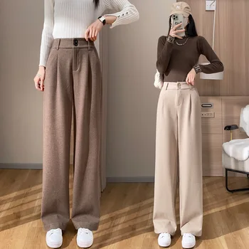 Şık Yün Geniş bacak Pantolon Kadın Sonbahar Kış Yeni Elastik Yüksek belli Pantolon Kadın Vintage Kalın Slim Fit Düz Pantolon