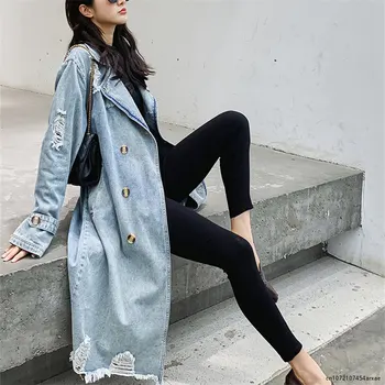 Vintage Denim Trençkot Kadın Moda Klasik Kruvaze Delik Uzun Rüzgarlık Kadın Bahar Sokak Gevşek Denim Ceket